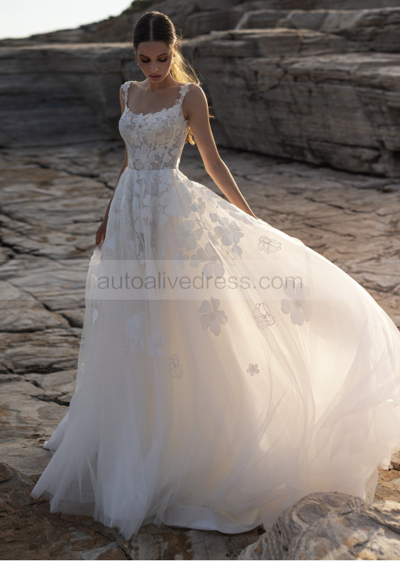 Scoop Neck Ivory Floral Lace Tulle Gorgeous Wedding Dress